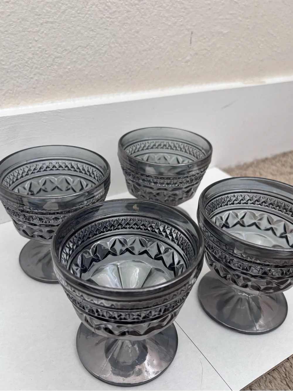 Vintage Smoky Gray Pressed Glass Dessert Cups - Set of 4